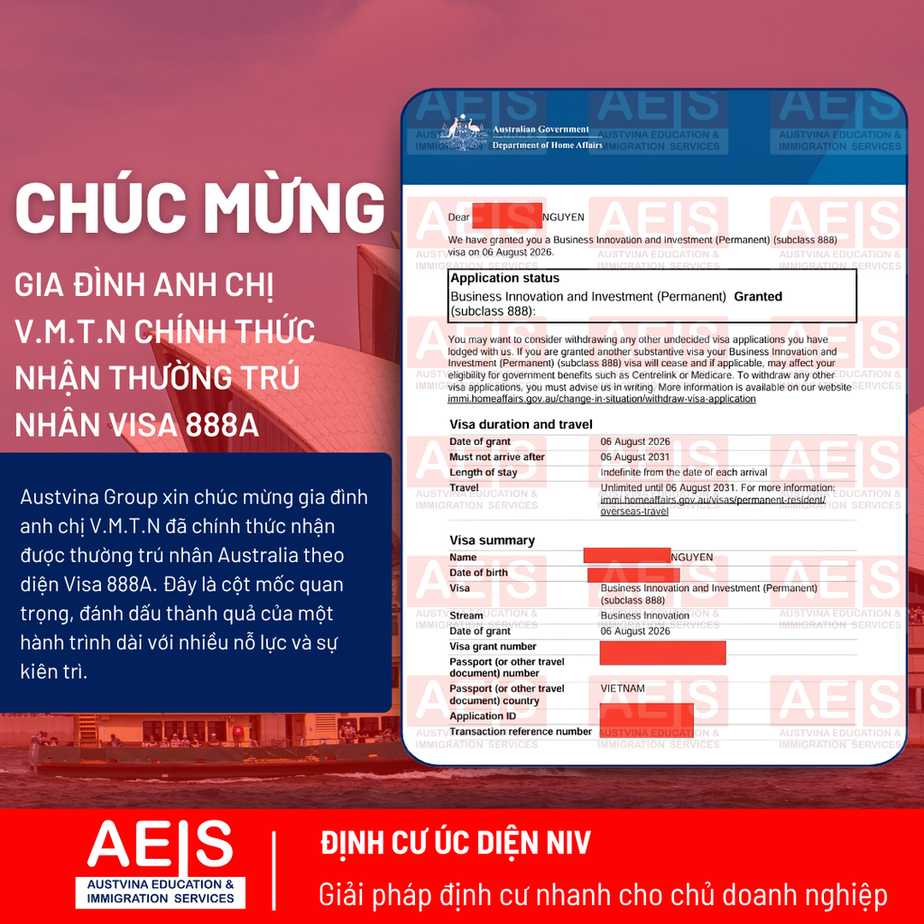 Gia đình V.M.T.N nhận thường trú nhân Australia theo diện Visa 888A