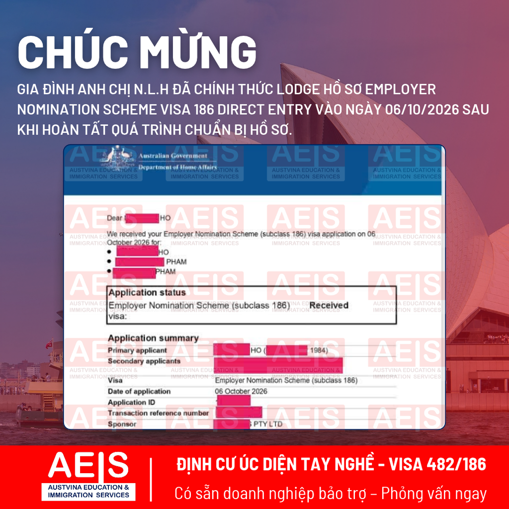 Gia đình N.L.H hoàn tất nộp hồ sơ Employer Nomination Scheme Visa 186 Direct Entry cùng Austvina Group